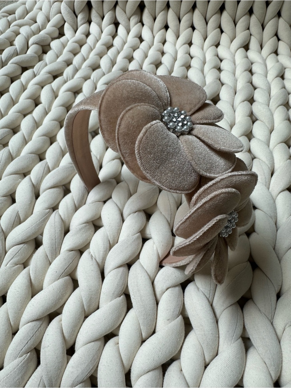 Mayoral Beige Velvet Girls Headband with Statement Flowers and Embelishments
